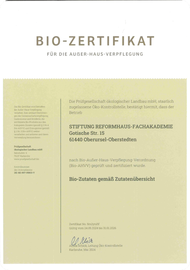 Bio-Zertifikat der Akademie Gesundes Leben